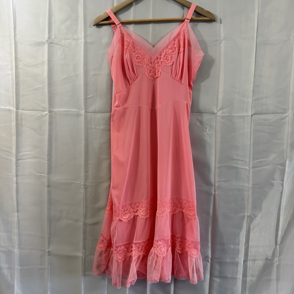 Vintage 1960's Movie Star Sz 34 S Pink Lace Layered Sheer Slip Dress Cottagecore